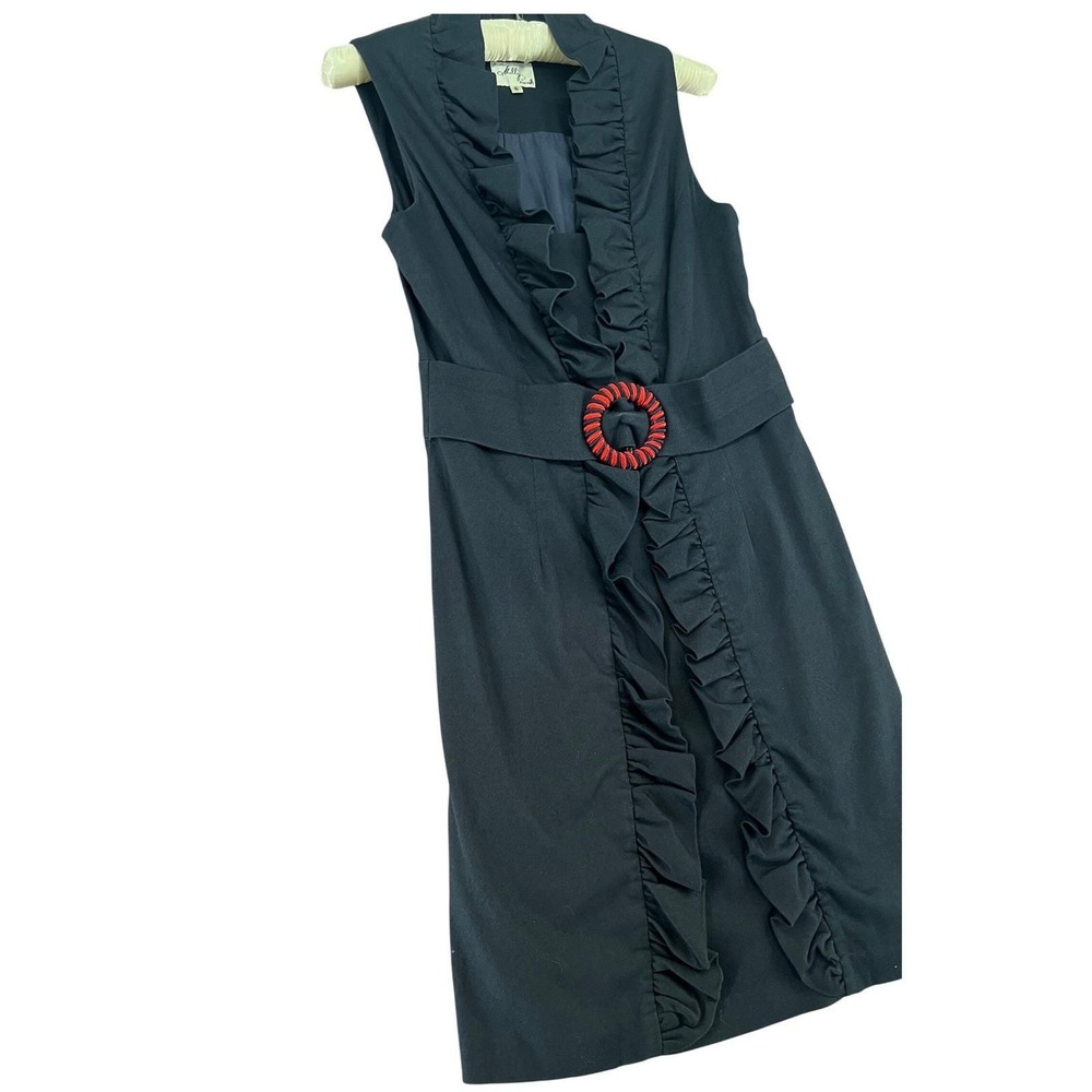 Vtg Navy Ruffle Sheath Dress Milly of New York Minimalist Belted Sleeveless Sz 8 - Picture 5 of 12